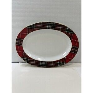 222 Fifth Wexford Red Tartan Plaid Christmas Holiday Oval Serving Platter Tray
